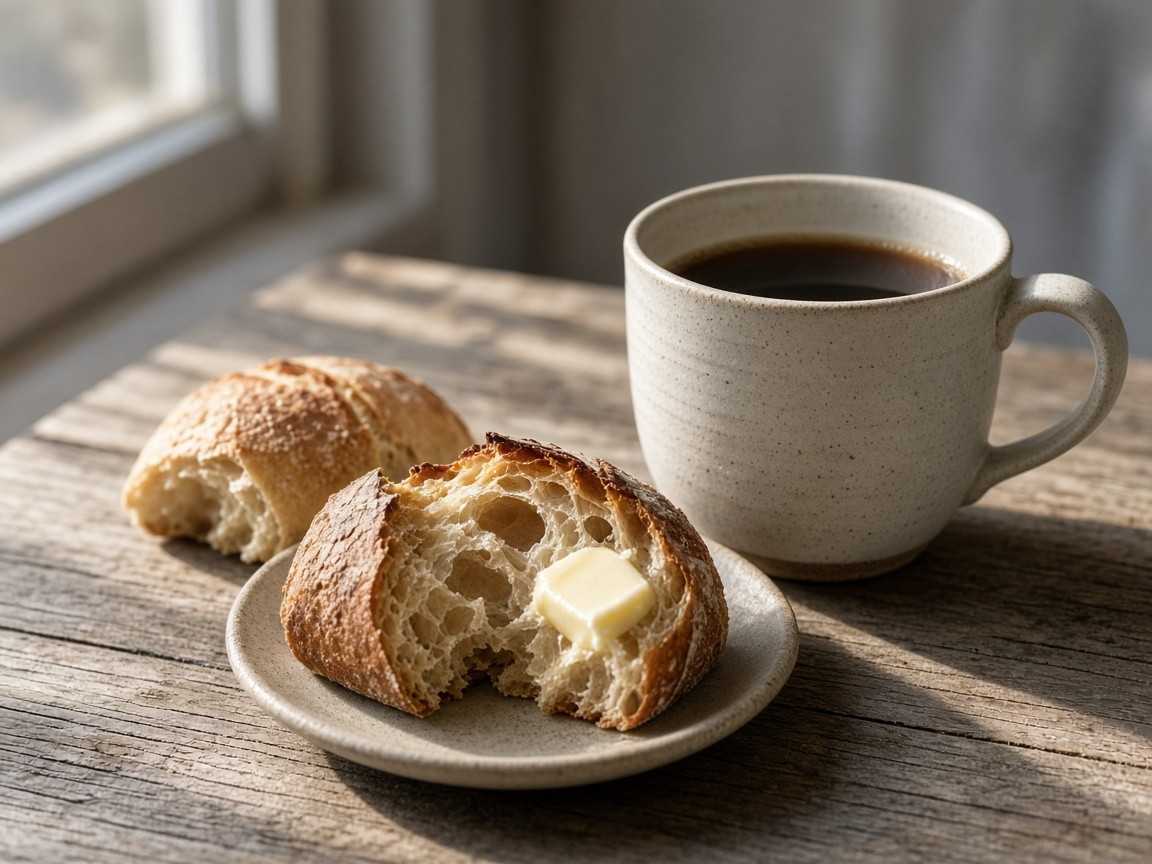 Ceramic cup and bread on a breakfast table