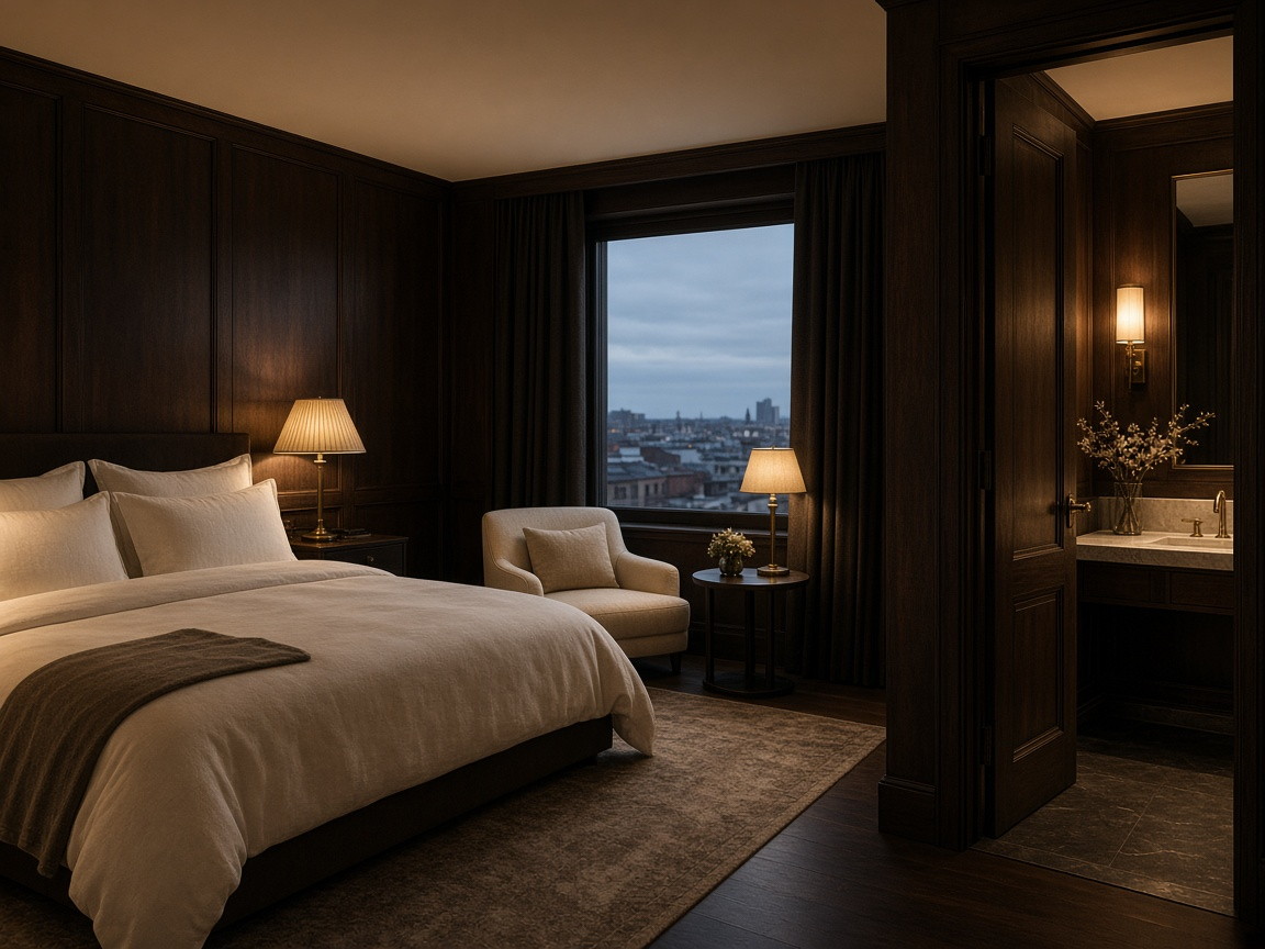 Gold Suite: quiet gold lamps, dark timber, ivory linen