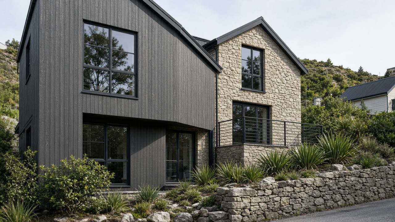 Isle Street townhouse facade, charcoal timber, Queenstown daylight