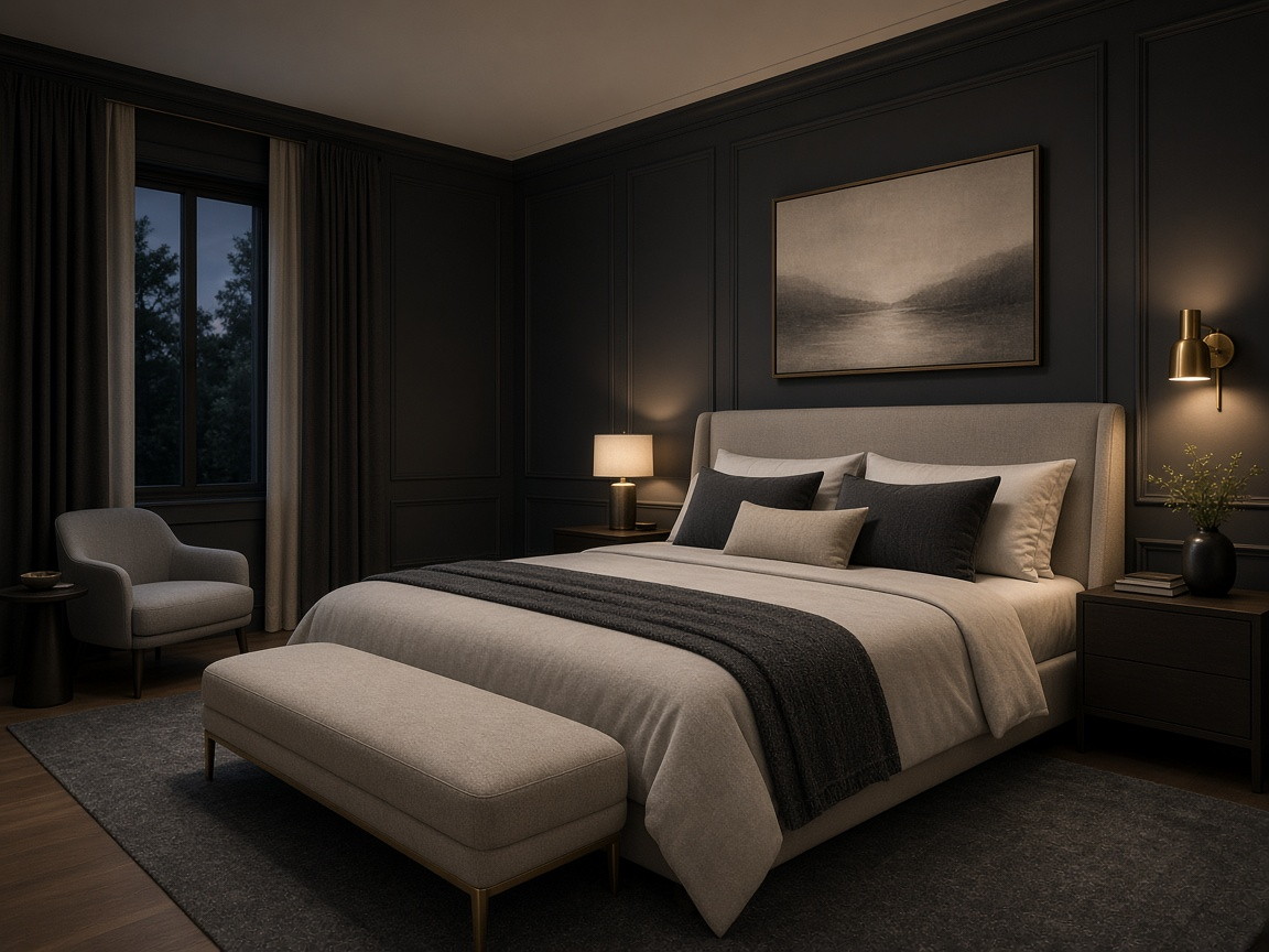 Isle Suite: charcoal and oatmeal, wide bed, gold lamp