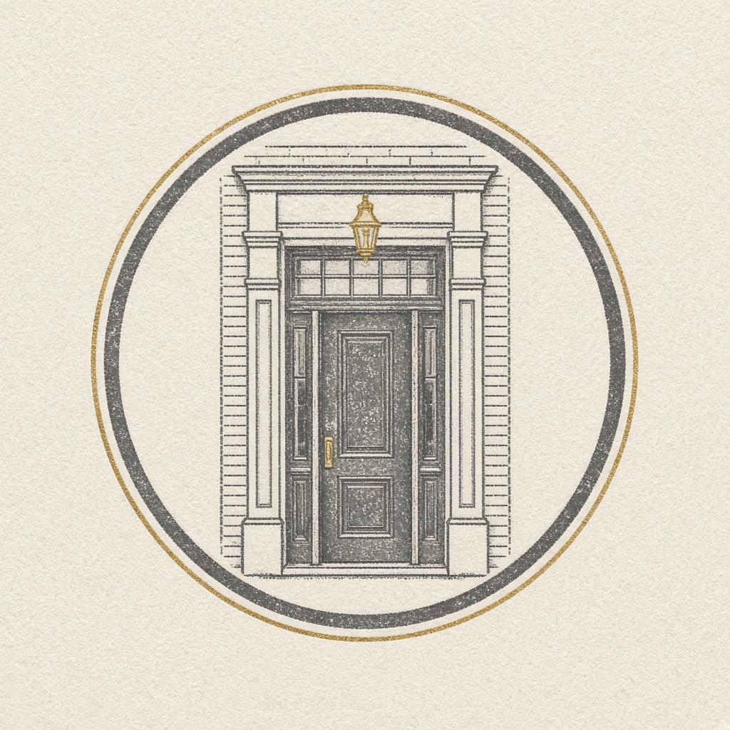 Oatmeal seal: townhouse doorway and a gold wall lamp
