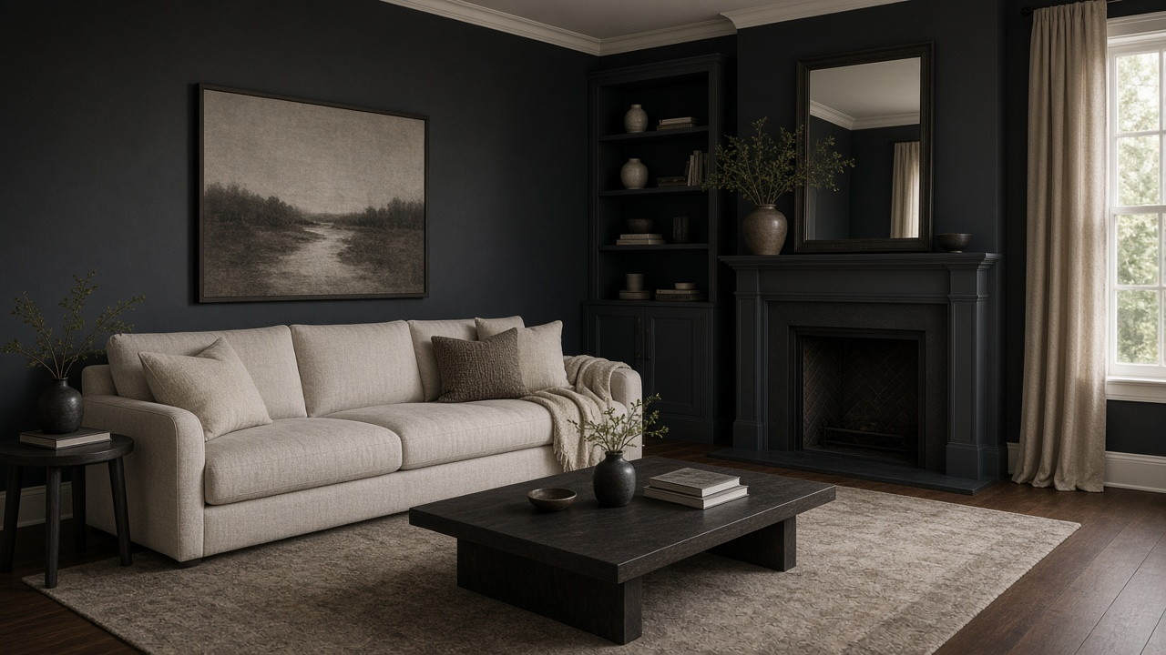 Townhouse sitting room, charcoal walls and an oatmeal sofa